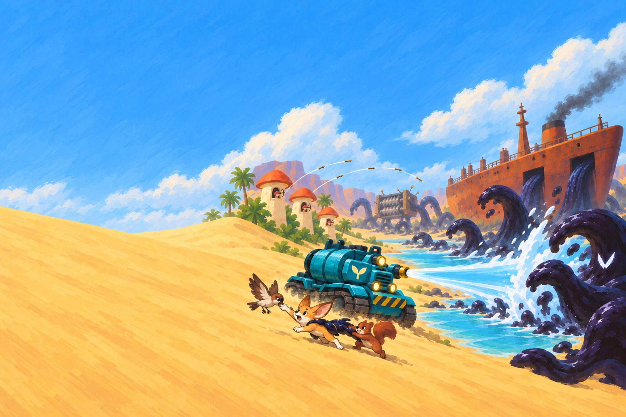 A chunky teal water tank sprays living black goo back from a desert oasis while a sparrow and a squirrel pull a fennec fox free; a rusty tanker and a toothed machine loom behind.