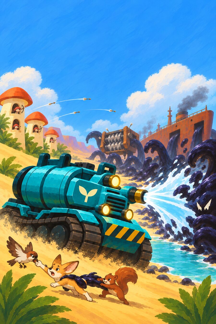 Moving Oasis key art: the teal tank up close, its headlights like friendly eyes, spraying goo back beside mushroom towers and a rusty ship.